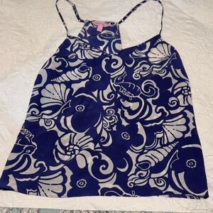 Lilly Pulitzer Tide Pools Blue and White SeaShell Silk Dusk Camisole Size L VGUC